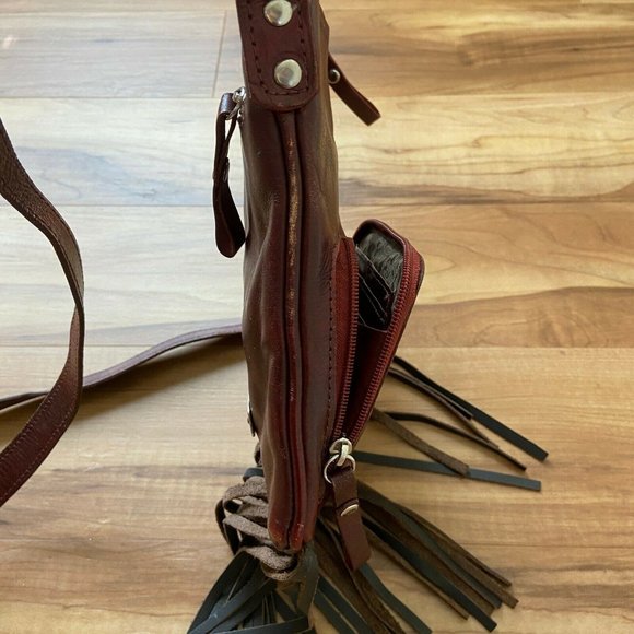 American West Leather Crossbody Handbag Fringe Western Burgundy Studded - Picture 9 of 12